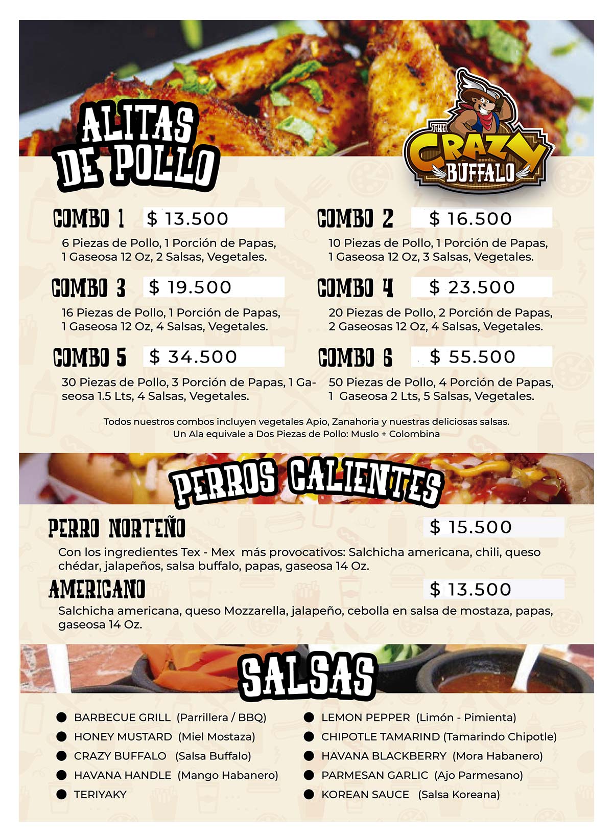 menú Alitas de pollo y perritos calientes The Crazy Buffalo Bogotá